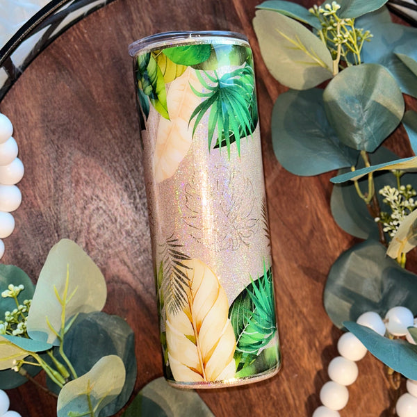 *Monstera Leaves Gold Tumbler - 20 oz In Stock