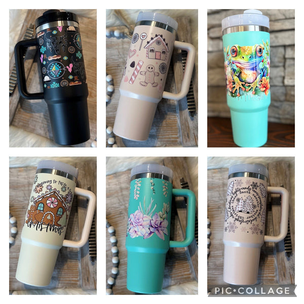 Travel Mug with Handle - 30 oz (Multiple Designs & Colors) In Stock