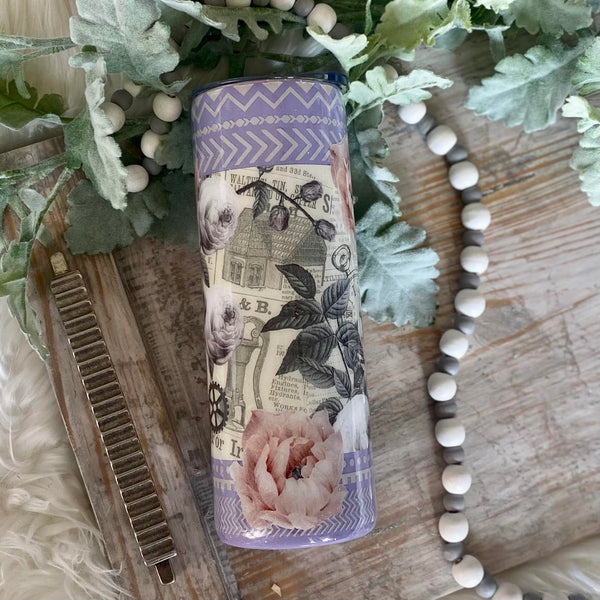 Vintage Clock Works (purple) & Flowers Tumbler - 20 oz In Stock