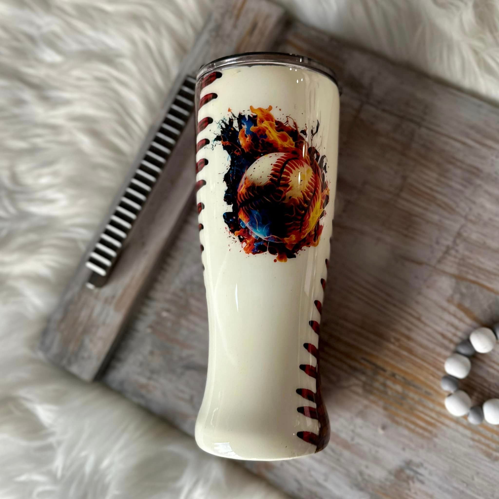 Baseball on Fire Tumbler - 20 oz In Stock