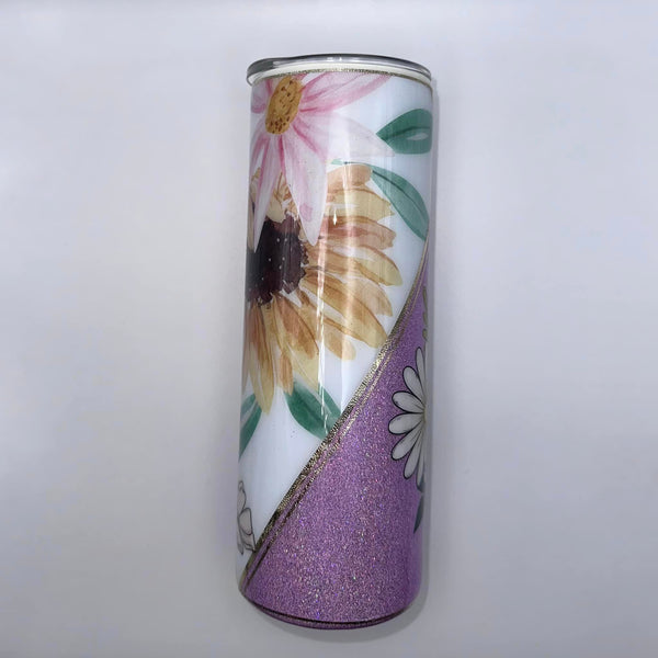 *Sunflowers & Bees on purple holographic Tumbler - 20 oz In Stock