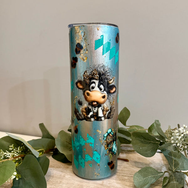 Cow Leopard & Turquoise Patchwork Tumbler - 30oz In stock