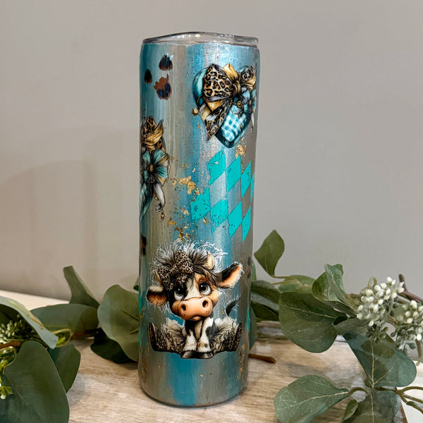 Cow Leopard & Turquoise Patchwork Tumbler - 30oz In stock