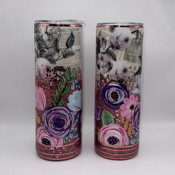 Floral with Rose Newsprint Tumbler (Multiple Styles) - 20oz In Stock