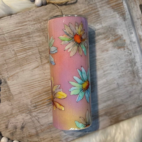 Rainbow Watercolor Daisy Tumbler - 20 oz In Stock