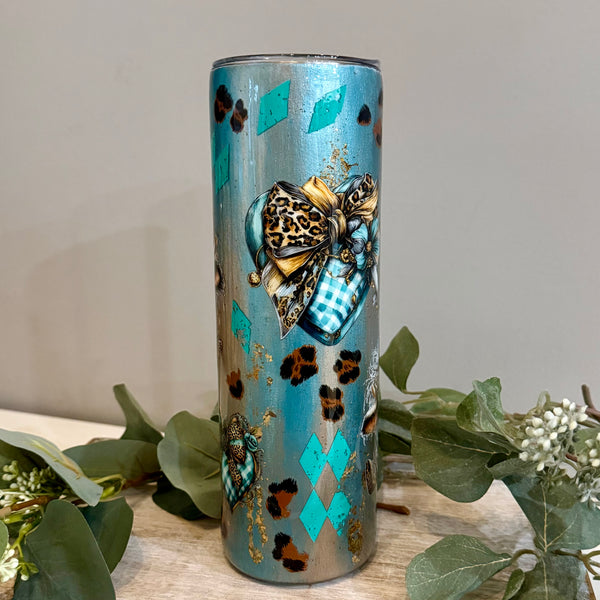 Cow Leopard & Turquoise Patchwork Tumbler - 30oz In stock