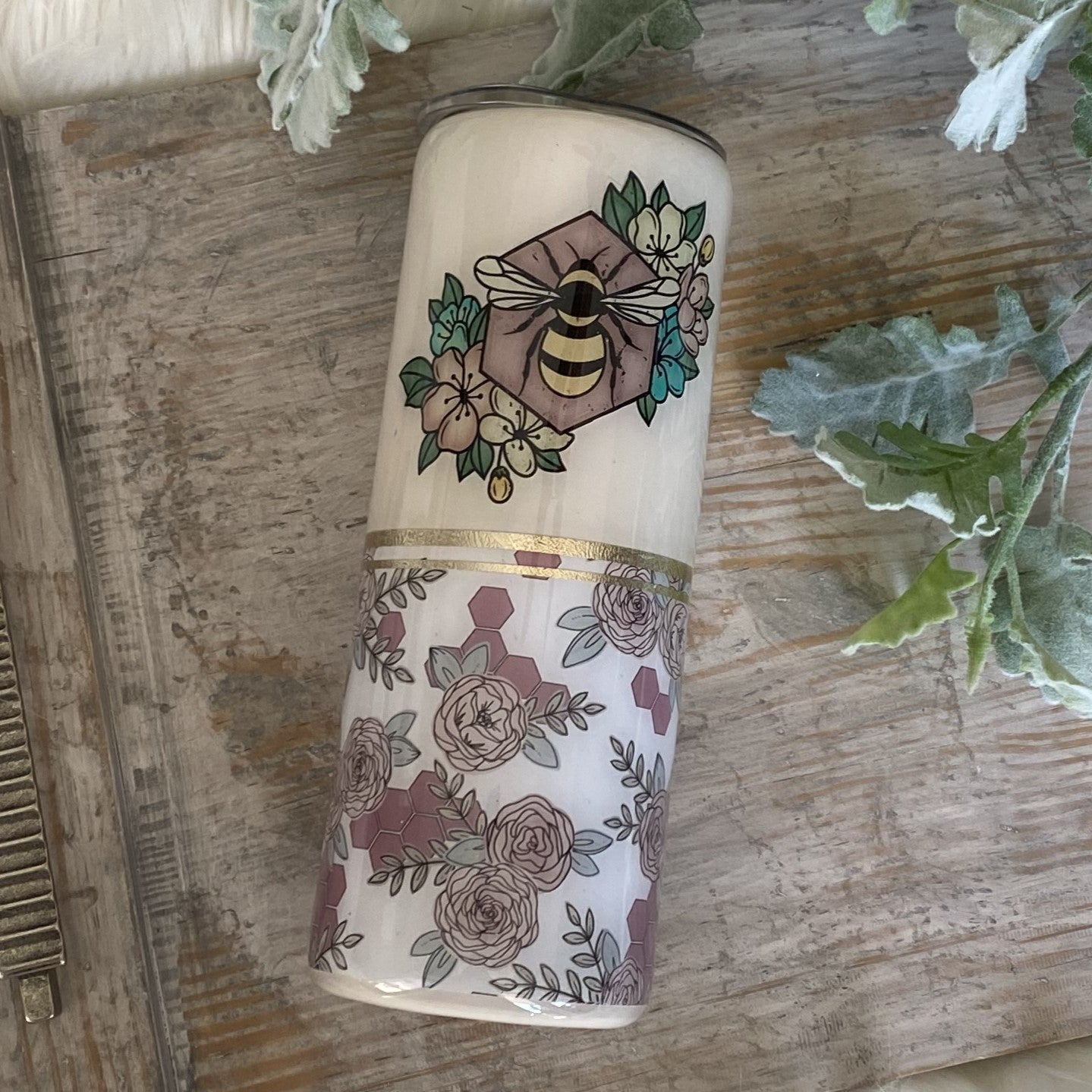 *Bee with Honeycomb floral Tumbler - 20 oz In Stock