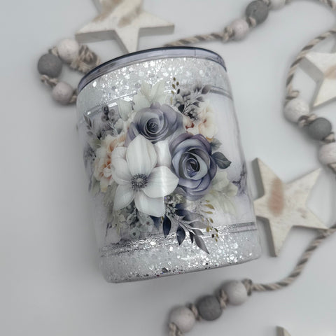 Grey/White Floral on Grey Marble Tumbler - 12 oz In Stock