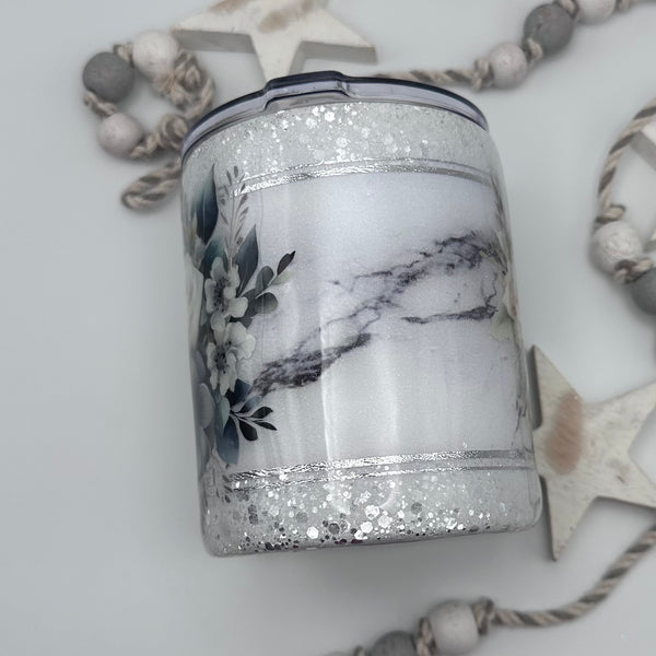 Grey/White Floral on Grey Marble Tumbler - 12 oz shorty (In Stock)