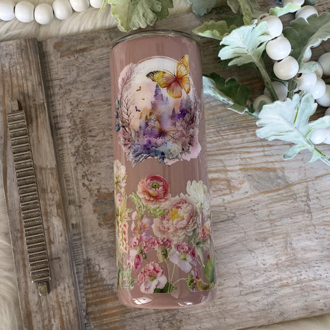 Vintage Pink with Butterfly Floral Tumbler - 20 oz In Stock