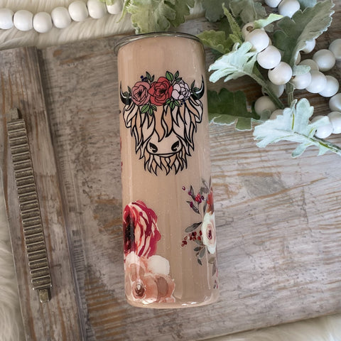 Highland Cow Floral Tumbler - 20 oz In Stock