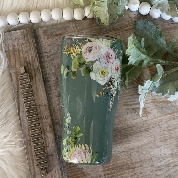 Green Floral Tumbler - 20 oz In Stock