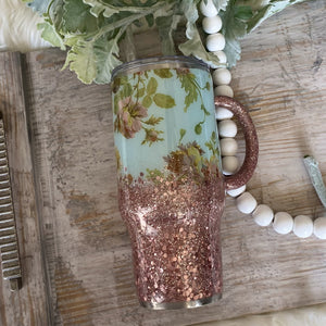 Mint Floral / Rose Gold Glitter Tumbler - 24 oz In Stock