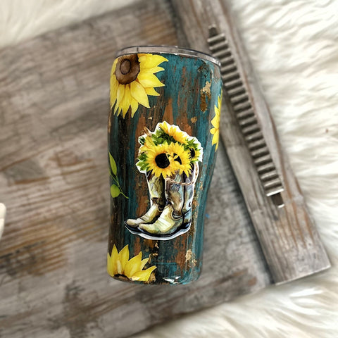 Cowgirl Boots & Sunflowers Patina Tumbler - 20 oz In stock