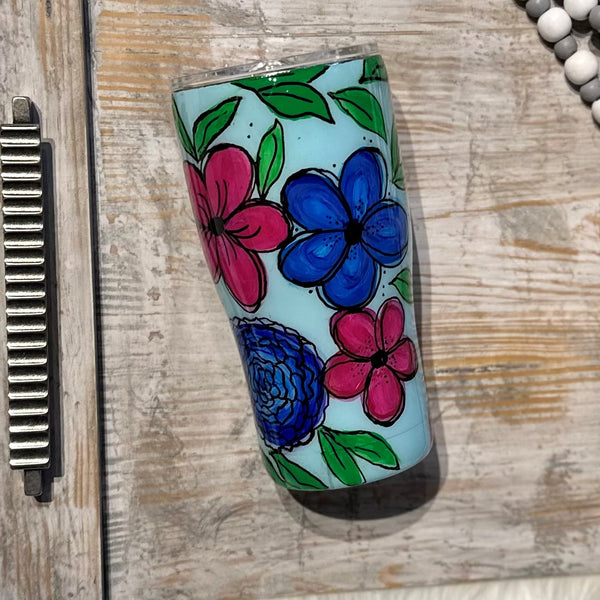 Doodle Flowers Tumbler (blue) - 20 oz In Stock