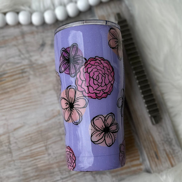 Doodle Flowers Tumbler (purple) - 20 oz In Stock