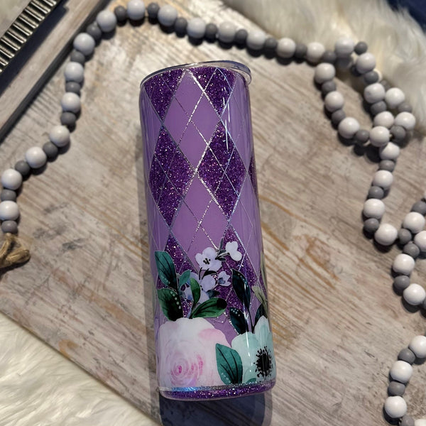 Purple Floral Matte Argyle Tumbler - 20 oz In Stock